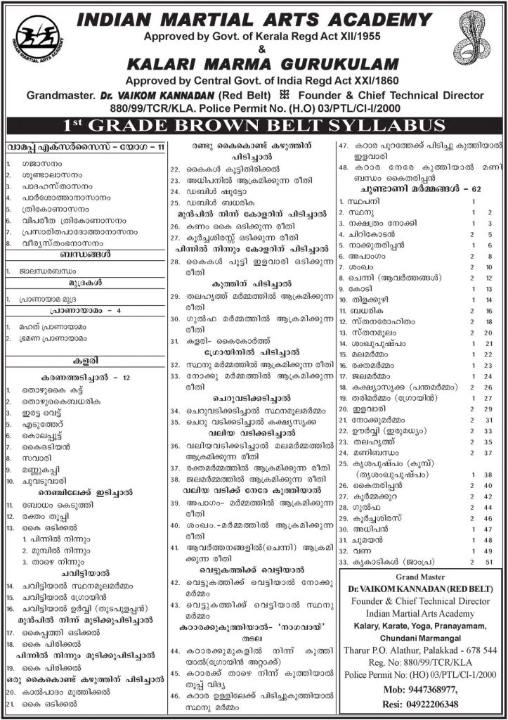 First Grade Brown Belt Syllabus Marma Kalari